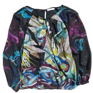 Versace Collection Women's Silk Blouse Multicolor Abstract Sheer Sleeves Size 6